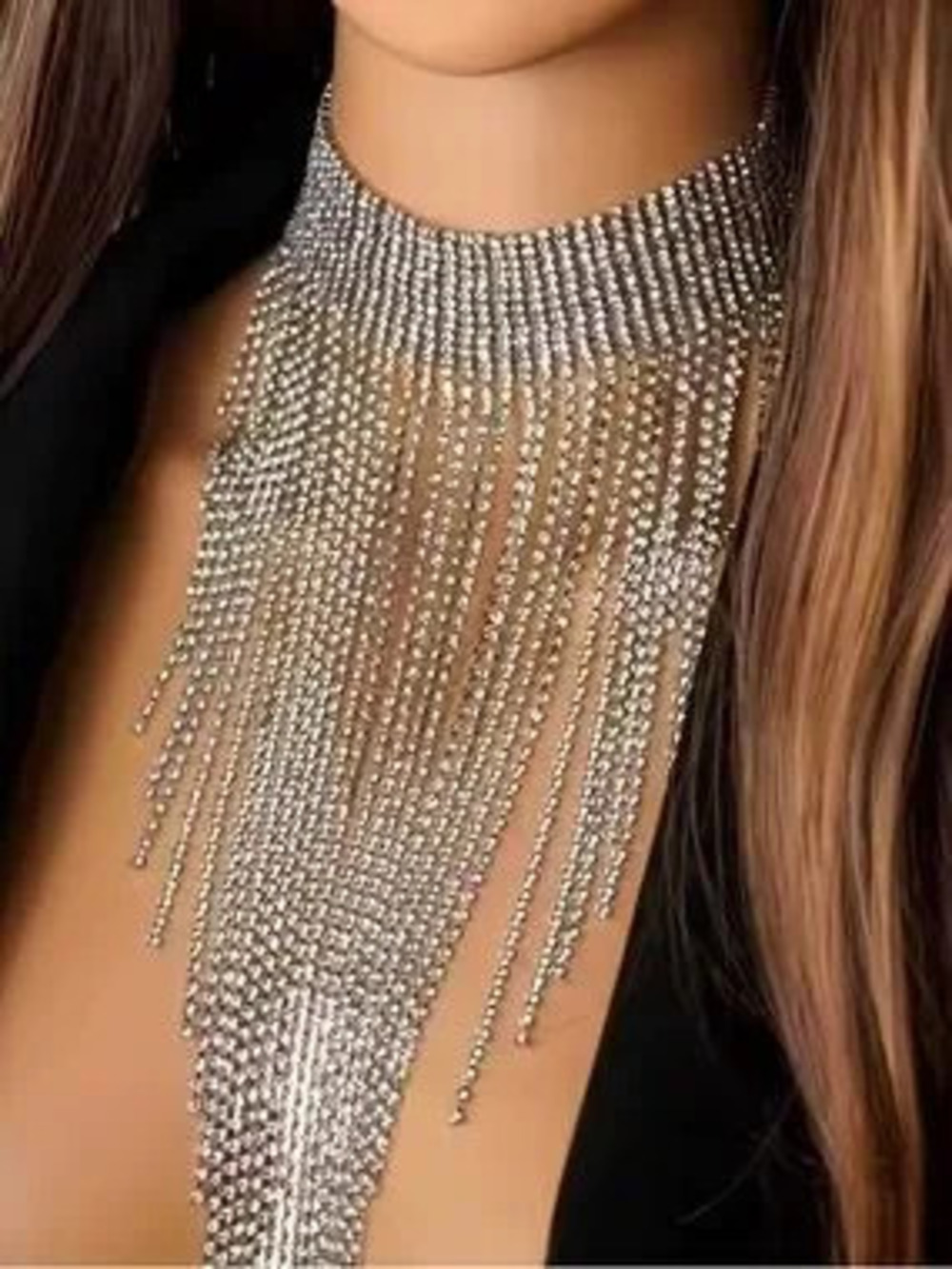 Rhinestone Silver Fringe Statement Choker Necklace